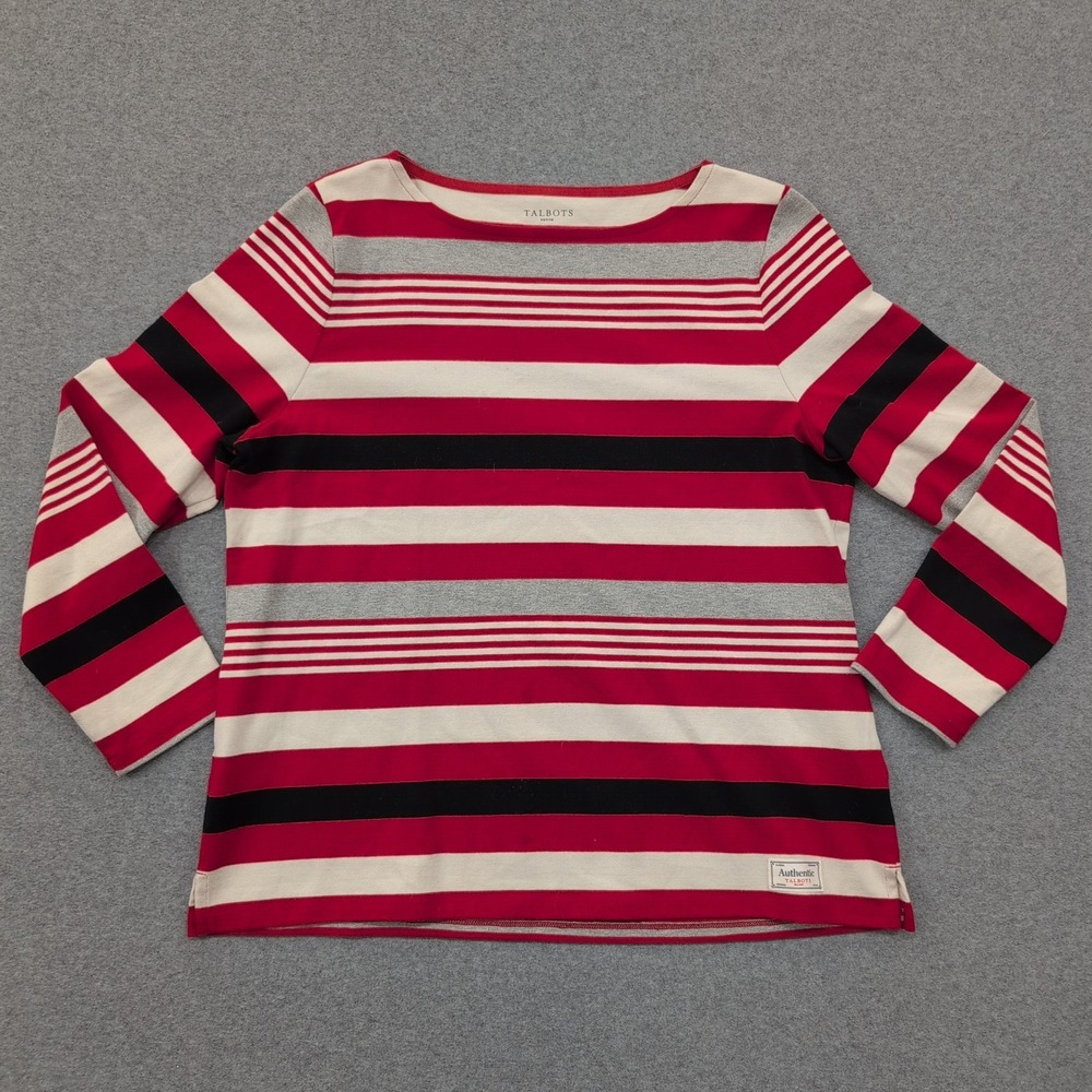 Talbots Petite Red White Gray Black Striped Long Sleeve Boat Neck Top XLp - Picture 1 of 5